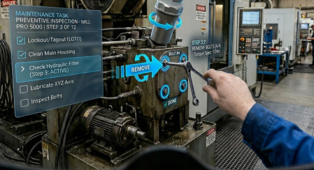 AR step-by-step maintenance guidance overlaid on a machine