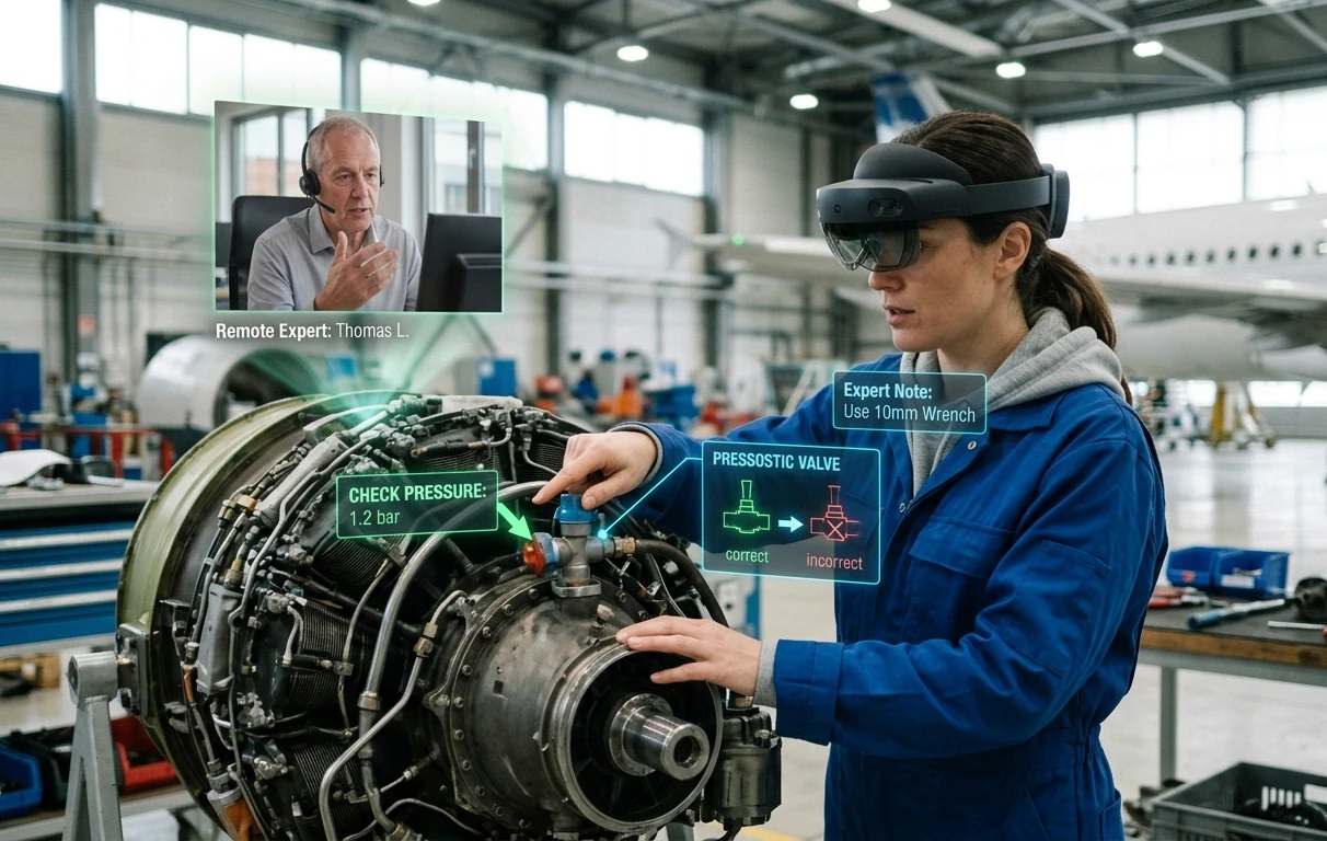 Technician in a hangar receiving remote expert guidance through a mixed-reality headset