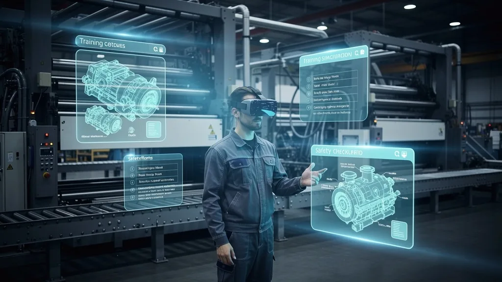 Industrial VR Training, worker in factory with VR headset