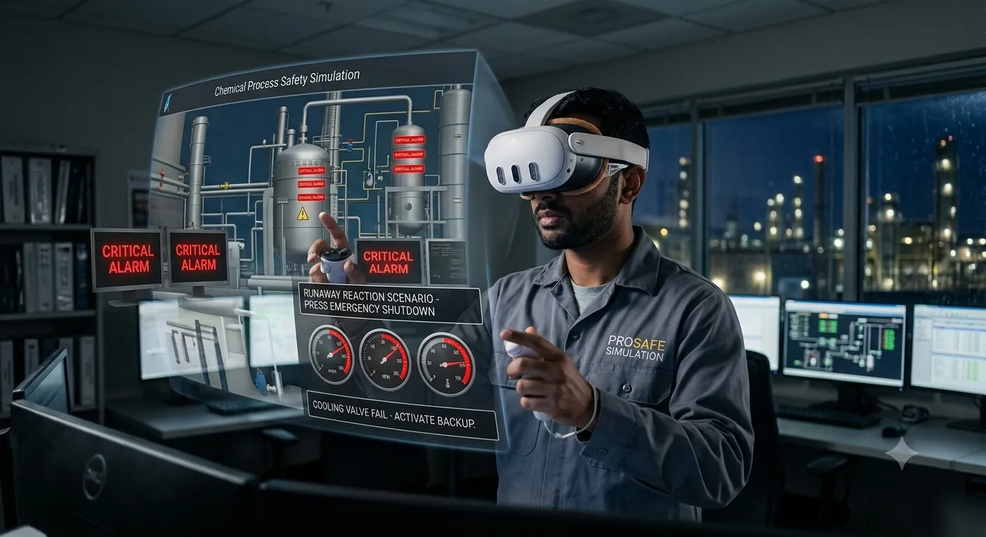Chemical process safety VR simulation showing a runaway-reaction alarm and emergency shutdown