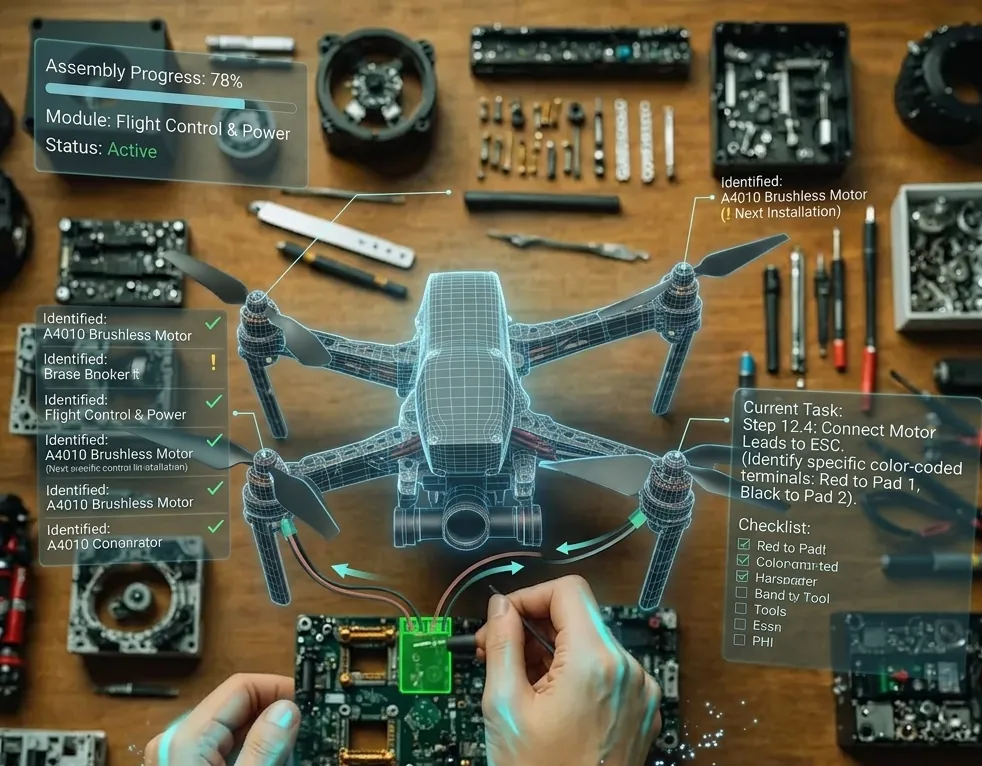 Mixed-reality drone assembly with step-by-step part identification overlays