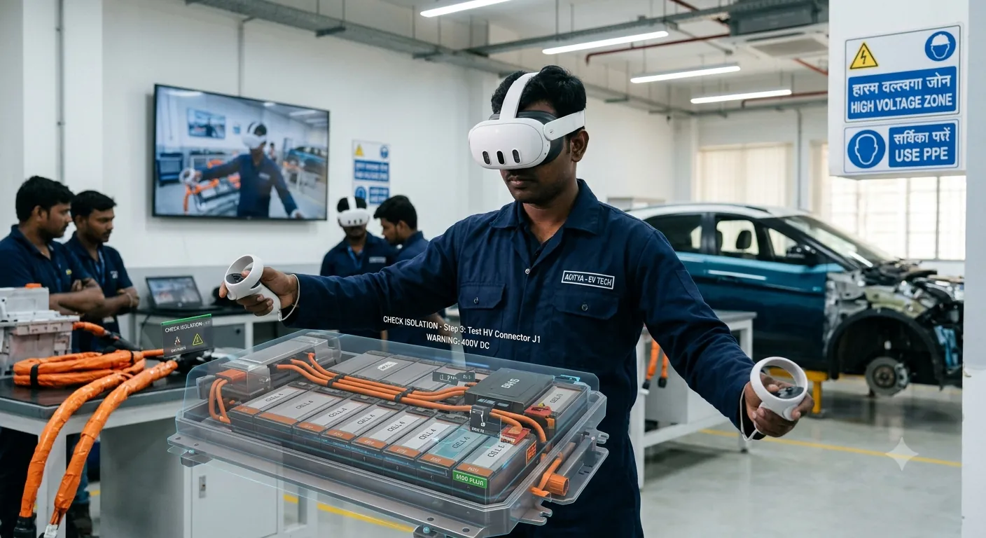 Technician practising high-voltage isolation on an EV battery pack in VR