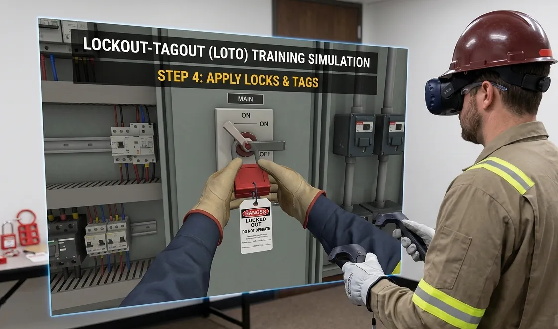 Worker in a VR headset applying a lock and tag in the lockout-tagout module