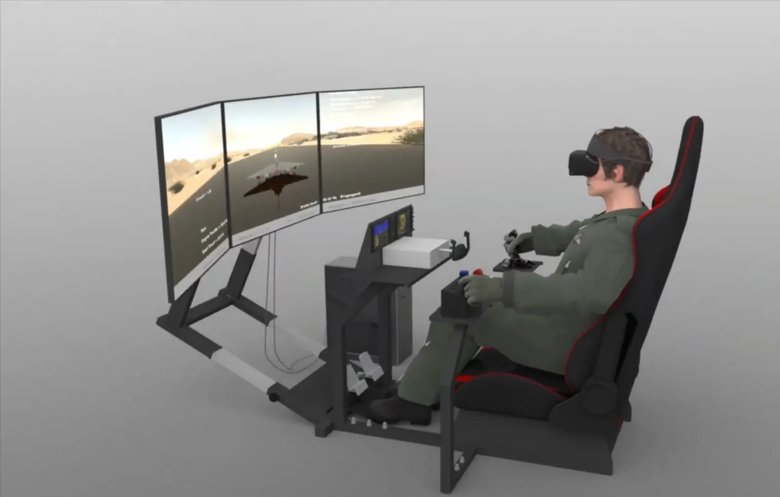 Pilot in a VR headset in a hardware flight simulator