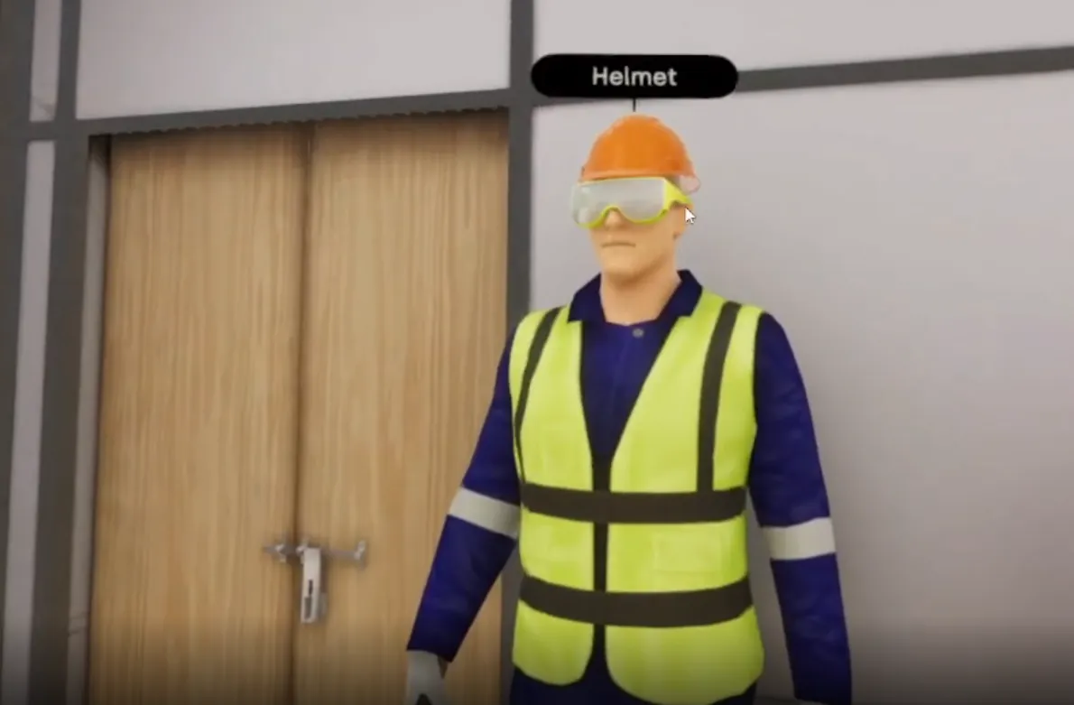 VR PPE module, trainee identifies and dons the correct helmet, vest and goggles