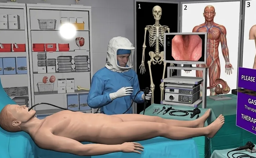 VR endoscopy procedure practised on a virtual patient in a simulated theatre